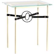 Hubbardton Forge Equus 22" Wide Metal Table with Glass Top, Black Rings, and Leather Accents Modern Brass / Black / Black