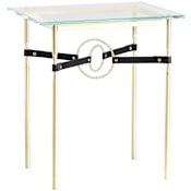 Hubbardton Forge Equus 22" Wide Metal Table with Glass Top, Soft Gold Rings, and Leather Accents Modern Brass / Soft Gold / Black