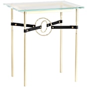 Hubbardton Forge Equus 22" Wide Metal Table with Glass Top, Modern Brass Rings, and Leather Accents Modern Brass / Black