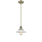 Innovations Lighting Halophane 9" Wide Mini Pendant - Downrod Suspension Antique Brass / Matte White Halophane