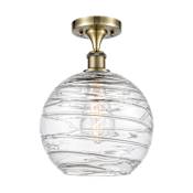 Innovations Lighting Athens 10" Wide Semi-Flush Globe Ceiling Fixture Antique Brass / Clear Deco Swirl