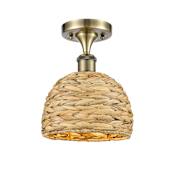 Innovations Lighting Woven Rattan 8" Wide Semi-flush Ceiling Fixture Antique Brass / Natural