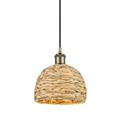 Innovations Lighting Woven Rattan 8" Wide Mini Pendant with Shade Antique Brass / Natural