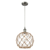 Innovations Lighting Large Farmhouse Rope 10" Wide Mini Pendant - Cord Suspension Brushed Satin Nickel / Clear Glass with Brown Rope