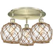 Innovations Lighting Farmhouse Rope 3 Light 20" Wide Semi-Flush Ceiling Fixture Antique Brass / Clear Glass with Brown Rope