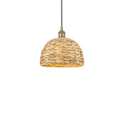 Innovations Lighting Woven Rattan 12" Wide Pendant Antique Brass / Natural
