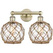 Innovations Lighting Farmhouse Rope 2 Light 17" Wide Vanity Light Antique Brass / Clear Glass with Brown Rope