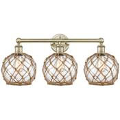 Innovations Lighting Farmhouse Rope 3 Light 26" Wide Vanity Light Antique Brass / Clear Glass with Brown Rope