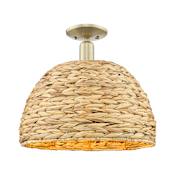 Innovations Lighting Woven Rattan 16" Wide Semi-flush Ceiling Fixture Antique Brass / Natural