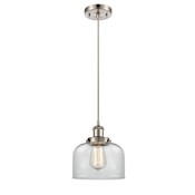 Innovations Lighting Large Bell 8" Wide Mini Pendant - Cord Hung Brushed Satin Nickel / Clear