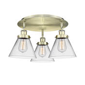 Innovations Lighting Cone 3 Light 20" Wide Flush Mount Ceiling Fixture Antique Brass / Clear