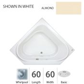 Jacuzzi 60" x 60" Capella&reg; Drop In Corner Comfort Whirlpool Bathtub with 8 Jets, Basic Controls, Center Drain and Left Pump Almond