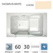 Jacuzzi 60" x 30" Finestra&reg; Walk In Whirlpool Tub with 10 Jets, Luxury Control, Chromatherapy, Heater, Left Drain and Right Pump Almond