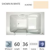 Jacuzzi 60" x 36" Finestra&reg; Walk In Whirlpool Tub with 10 Jets, Luxury Control, Illumatherapy, Heater, Left Drain and Right Pump Almond