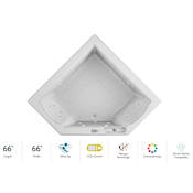 Jacuzzi 66" x 66" Fuzion Drop In Corner Luxury Salon Spa Bathtub with 15 Jets, LCD Controls, Chromatherapy, Heater - Integrated Drain Assembly Included White