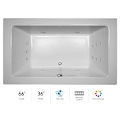 Jacuzzi 66" x 36" Sia&reg; Drop In Luxury Salon Spa Bathtub with 13 Jets, Luxury Controls, Chromatherapy, Heater, Center Drain and Right Pump White