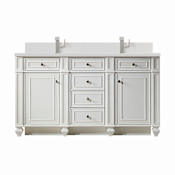 James Martin Vanities Bristol 60" Double Basin Walnut Wood Vanity Set with 3cm White Zeus Silestone Quartz Vanity Top, Backsplash and Rectangular Sinks Bright White