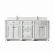 James Martin Vanities Bristol 72" Double Basin Walnut Wood Vanity Set with 3cm White Zeus Silestone Quartz Vanity Top, Backsplash and Rectangular Sinks Bright White