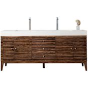 James Martin Vanities Linear 72" Double Basin Wood Vanity Set with USB/Electrical Outlet and Glossy White Solid Surface Vanity Top Mid Century Walnut