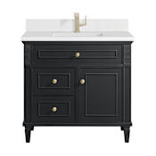 James Martin Vanities Lorelai 36" Single Basin Wood Vanity Set with 3cm White Zeus Silestone Quartz Vanity Top, Rectangular Sink and Electrical Outlet - Single Faucet Hole Black Onyx