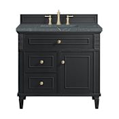 James Martin Vanities Lorelai 36" Single Basin Wood Vanity Set with 3cm Parisien Bleu Silestone Quartz Vanity Top, Rectangular Sink and Outlet - 8" Faucet Centers Black Onyx