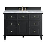 James Martin Vanities Lorelai 48" Single Basin Wood Vanity Set with 3cm Carrara White Marble Vanity Top, Rectangular Sink and Electrical Outlet - 8" Faucet Centers Black Onyx