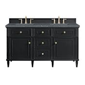 James Martin Vanities Lorelai 60" Double Basin Wood Vanity Set with 3cm Parisien Bleu Silestone Quartz Vanity Top, Rectangular Sinks and Outlet - 8" Faucet Centers Black Onyx