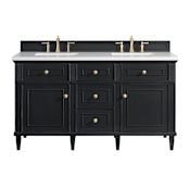 James Martin Vanities Lorelai 60" Double Basin Wood Vanity Set with 3cm White Zeus Silestone Quartz Vanity Top, Rectangular Sinks and Electrical Outlet - 8" Faucet Centers Black Onyx