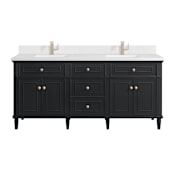 James Martin Vanities Lorelai 72" Double Basin Wood Vanity Set with 3cm White Zeus Silestone Quartz Vanity Top, Rectangular Sinks and Electrical Outlet - Single Faucet Hole Black Onyx