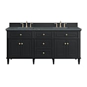 James Martin Vanities Lorelai 72" Double Basin Wood Vanity Set with 3cm Parisien Bleu Silestone Quartz Vanity Top, Rectangular Sinks and Outlet - 8" Faucet Centers Black Onyx