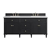 James Martin Vanities Lorelai 72" Double Basin Wood Vanity Set with 3cm White Zeus Silestone Quartz Vanity Top, Rectangular Sinks and Electrical Outlet - 8" Faucet Centers Black Onyx
