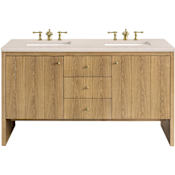 James Martin Vanities Hudson 60" Double Basin Ash Wood Vanity Set with 3 cm Eternal Marfil Quartz Vanity Top, Rectangular Sinks, USB Port and Electrical Outlet Light Natural Oak