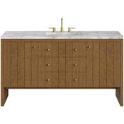 James Martin Vanities Hudson 60" Free Standing Single Basin Poplar Wood Vanity Set with Marble Top, Rectangular Sink, USB Port(s), and Electrical Outlet(s) Honey Oak