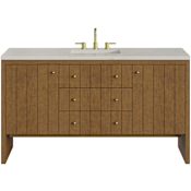 James Martin Vanities Hudson 60" Free Standing Single Basin Ash Wood Vanity Set with Stone Composite Top, Rectangular Sink, USB Port(s), and Electrical Outlet(s) Honey Oak