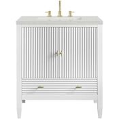 James Martin Vanities Myrrin 30" Free Standing Single Basin Hardwood Vanity Set with Stone Composite Top, Rectangular Sink, USB Port(s), and Electrical Outlet(s) Bright White
