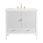 James Martin Vanities Myrrin 36" Single Basin Wood Vanity Set with 3cm White Zeus Silestone Quartz Vanity Top, Rectangular Sink and Electrical Outlet - 8" Faucet Centers Bright White