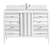 James Martin Vanities Myrrin 48" Single Basin Wood Vanity Set with 3cm White Zeus Silestone Quartz Vanity Top, Rectangular Sink and Electrical Outlet - Single Faucet Hole Bright White