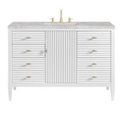 James Martin Vanities Myrrin 48" Single Basin Wood Vanity Set with 3cm Victorian Silver Silestone Quartz Vanity Top, Rectangular Sink and Outlet - 8" Faucet Centers Bright White