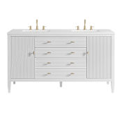 James Martin Vanities Myrrin 60" Double Basin Wood Vanity Set with 3cm White Zeus Silestone Quartz Vanity Top, Rectangular Sinks and Electrical Outlet - 8" Faucet Centers Bright White