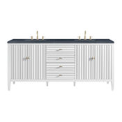 James Martin Vanities Myrrin 72" Double Basin Wood Vanity Set with 3cm Charcoal Soapstone Silestone Quartz Vanity Top and Rectangular Sinks - 8" Faucet Centers Bright White