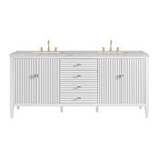 James Martin Vanities Myrrin 72" Double Basin Wood Vanity Set with 3cm Eternal Jasmine Pearl Silestone Quartz Vanity Top and Rectangular Sinks - 8" Faucet Centers Bright White