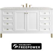 James Martin Vanities Chicago 60" Free Standing Single Basin Poplar Wood Vanity Set with Eternal Jasmine Pearl Silestone Top, Rectangular Sink, and Matching Mirror Glossy White