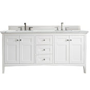 James Martin Vanities Palisades 72" Free Standing Double Basin Hardwood Vanity Set with 3 cm Ethereal Noctis Quartz Vanity Top, Rectangular Sinks, USB Port and Electrical Outlet Bright White