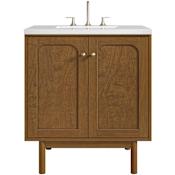 James Martin Vanities Laurent 30" Single Basin Poplar Wood Vanity Set with Stone Composite Top, Rectangular Sink, USB Port(s), and Electrical Outlet(s) Honey Oak
