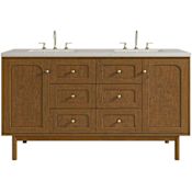 James Martin Vanities Laurent 60" Wall Mounted or Free Standing Double Basin Ash Wood Vanity Set with Stone Composite Top, Rectangular Sinks, USB Port(s), and Electrical Outlet(s) Honey Oak