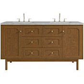 James Martin Vanities Laurent 60" Double Basin Poplar Wood Vanity Set with Stone Composite Top, Rectangular Sinks, USB Port(s), and Electrical Outlet(s) Honey Oak