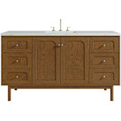 James Martin Vanities Laurent 60" Single Basin Poplar Wood Vanity Set with Stone Composite Top, Rectangular Sink, USB Port(s), and Electrical Outlet(s) Honey Oak