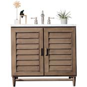 James Martin Vanities Portland 36" Free Standing Single Basin Vanity Set with Birch and Poplar Cabinet, and Eternal Jasmine Pearl Quartz Vanity Top Whitewashed Walnut