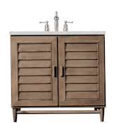 James Martin Vanities Portland 36" Free Standing Single Basin Hardwood Vanity Set with 3 cm Ethereal Noctis Quartz Vanity Top and Rectangular Sink Whitewashed Walnut