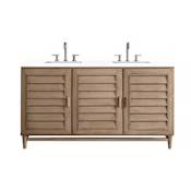 James Martin Vanities Portland 60" Free Standing Double Basin Vanity Set with Wood Cabinet, 3cm Quartz Vanity Top, USB Port and Electrical Outlet Whitewashed Walnut